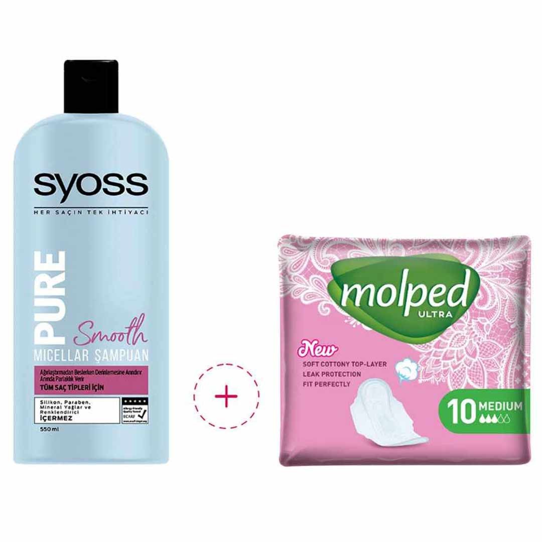شامپو سایوس Syoss مدل پیور اند اسموت + نوار بهداشتی 10 عددی مولپد